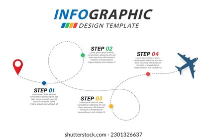 Plantilla de diseño infográfico. Concepto de línea de tiempo con 4 opciones o plantilla de pasos. diseño, diagrama, anual, aviones, viajes, informe, presentación. Ilustración vectorial.
