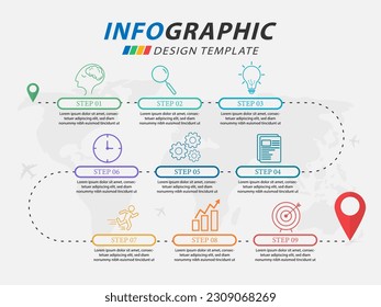 Plantilla de diseño infográfico. Concepto de línea de tiempo con 9 opciones o plantilla de pasos. diseño, diagrama, anual, ubicación de anclaje, inicio, informe, presentación. Ilustración vectorial.