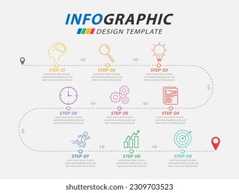 Infographic design template. Timeline concept with 9 options or steps template. layout, diagram, annual, pin location, start up, report, presentation. Vector illustration.