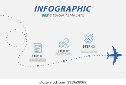 Infographic design template. Timeline concept with 3 options or steps template. layout, diagram, annual, airplanes, travel, report, presentation. Vector illustration.