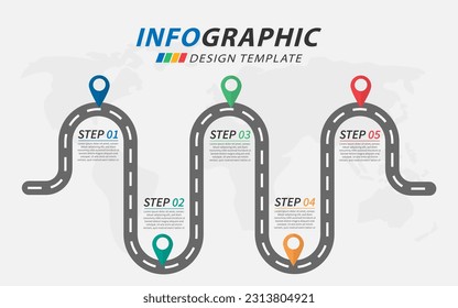 Plantilla de diseño infográfico. Concepto de línea de tiempo con 5 opciones o plantilla de pasos. Diagrama de ruta con temas de planificación, anual, informe, presentación. diseño, ilustración vectorial.