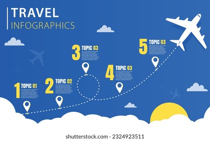 Infographic design template. Timeline concept with 5 options or steps template. layout, diagram, annual, airplanes, travel, report, presentation. Vector illustration.