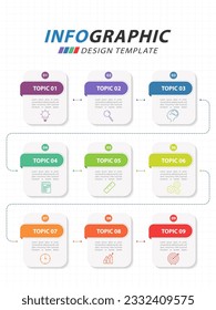 Infographic design template. Timeline concept with 9 options or steps template. layout, diagram, annual, pin location, start up, report, presentation. Vector illustration.