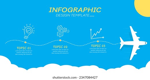 Infographic design template. Timeline concept with 3 options or steps template. layout, diagram, annual, airplanes, travel, report, presentation. Vector illustration.