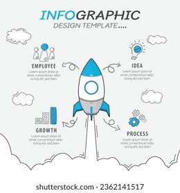 Plantilla de diseño infográfico. Concepto de línea de tiempo con 4 opciones o plantilla de pasos. diseño, diagrama, anual, cohete, puesta en marcha, informe, presentación. Ilustración vectorial.