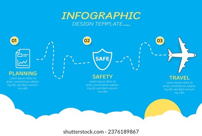 Infographic design template. Timeline concept with 3 options or steps template. layout, diagram, annual, airplanes, travel, report, presentation. Vector illustration.