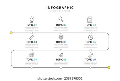 Infographic design template. Timeline concept with 9 options or steps template. layout, diagram, annual, report, presentation. Vector illustration.