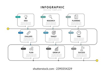Infografische Design-Vorlage. Timeline-Konzept mit 9 Optionen oder Schritte Vorlage. Layout, Diagramm, Jahresbericht, Bericht, Präsentation. Vektorgrafik.
