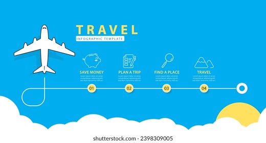 Plantilla de diseño infográfico. Concepto de línea de tiempo con 4 opciones o plantilla de pasos. diseño, diagrama, anual, aviones, viajes, informe, presentación. Ilustración vectorial.