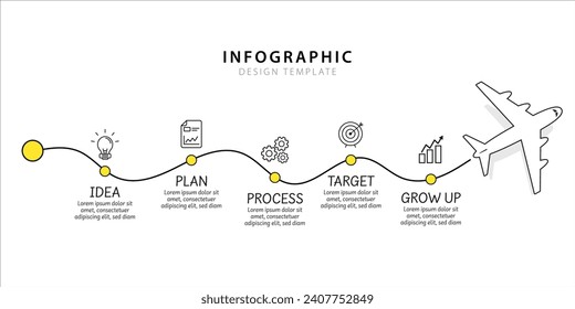 Infographic design template. Timeline concept with 5 options or steps template. layout, diagram, airplanes, travel, report, Vector illustration.