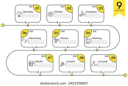 Plantilla de diseño infográfico. Concepto de línea de tiempo con 9 opciones o plantilla de pasos. diseño, diagrama, anual, informe, presentación. Ilustración vectorial.