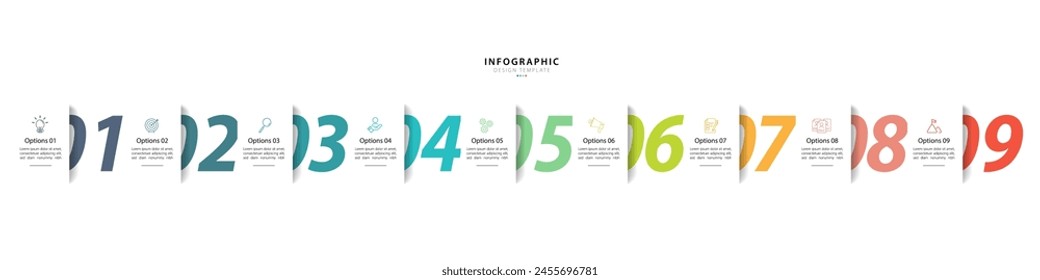 Infographic design template. Timeline concept with 9 options or steps template. layout, diagram, annual, report, presentation. Vector illustration.