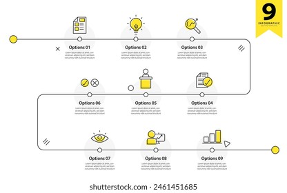 Infographic design template. Timeline concept with 9 options or steps template. layout, diagram, annual, report, presentation. Vector illustration.