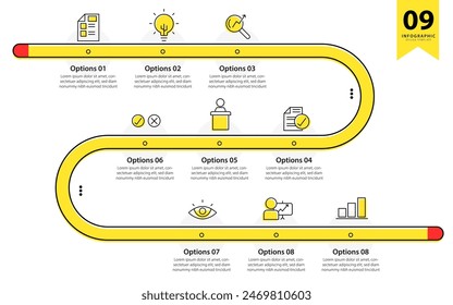 Infographic design template. Timeline concept with 9 options or steps template. layout, diagram, annual, report, presentation. Vector illustration.