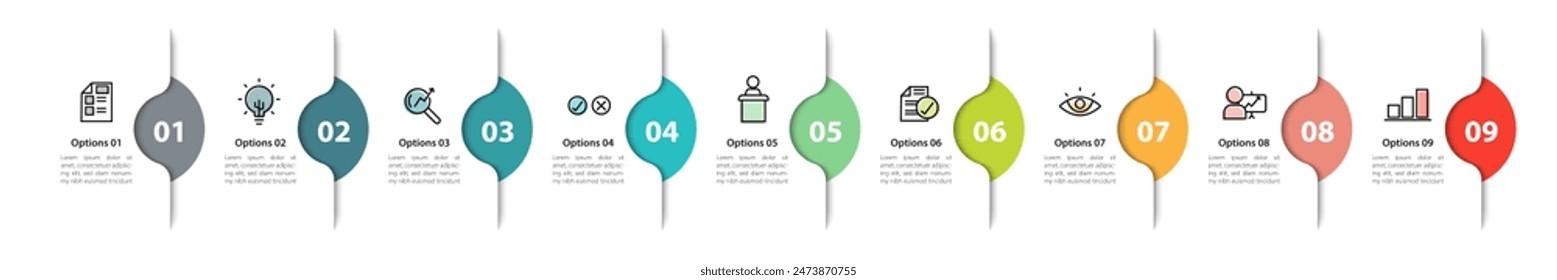 Infographic design template. Timeline concept with 9 options or steps template. layout, diagram, annual, report, presentation. Vector illustration.