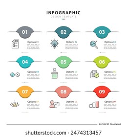 Infographic design template. Timeline concept with 9 options or steps template. layout, diagram, annual, report, presentation. Vector illustration.