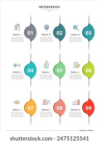 Plantilla de diseño infográfico. Concepto de línea de tiempo con 9 opciones o pasos de Plantilla. diseño, diagrama, anual, informe, presentación. Ilustración vectorial.