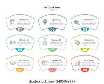Infographic design template. Timeline concept with 9 options or steps template. layout, diagram, annual, report, presentation. Vector illustration.