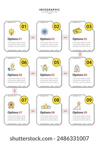 Infographic design template. Timeline concept with 9 options or steps template. layout, diagram, annual, report, presentation. Vector illustration.