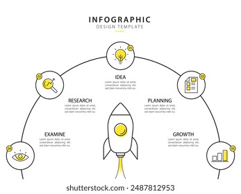 Plantilla de diseño infográfico. Concepto de línea de tiempo con 5 opciones o pasos de Plantilla. diseño, diagrama, anual, cohete, inicio, informe, presentación. Ilustración vectorial.