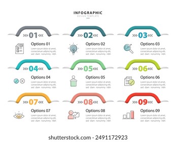 In: Infographic Design Vorlage. Zeitplankonzept mit 9 Optionen oder Vorlagen. Layout, Diagramm, Jahr, Bericht, Präsentation. Vektorillustration.