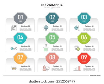 Modelo de design infográfico. Conceito de linha do tempo com 9 opções ou etapas modelo. layout, diagrama, anual, relatório, apresentação. Ilustração vetorial.