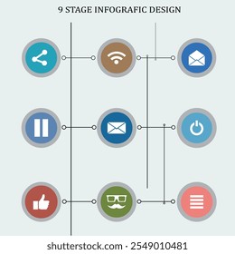 Vorlage für Infografik-Design. Zeitleistenkonzept mit 9 Optionen oder Schrittvorlagen. Infografik-Kreisdiagramm mit 9 Optionen. Runddiagramm, das für Geschäftsanalysen verwendet werden kann, 