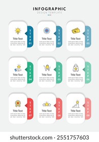 Infographic design template. Timeline concept with 9 options or steps template. layout, diagram, annual, report, presentation. Vector illustration.