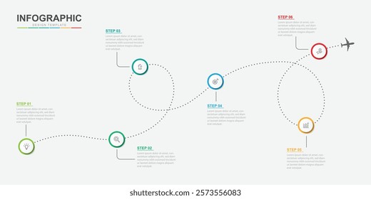 Infographic design template. Timeline concept with 6 steps. Can be used for workflow layout, diagram, banner, webdesign. Vector illustration