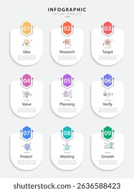 Infographic design template. Timeline concept with 9 options or steps template. layout, diagram, annual, report, presentation. Vector illustration.