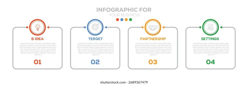 Plantilla de diseño de infografía. concepto de línea de tiempo con 4 pasos u opción. se puede utilizar para la placa de empresa. Diagrama de proceso, 4 opciones sobre fondo blanco, Ilustración vectorial de elementos infográficos.