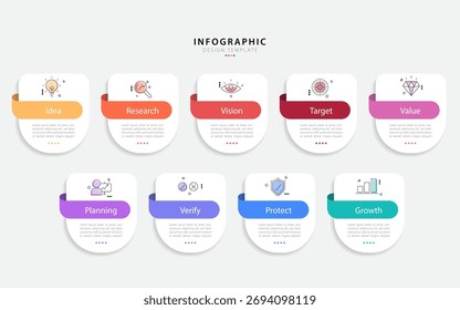 Vorlage für Infografik-Design. Zeitleistenkonzept mit 9 Optionen oder Schrittvorlagen. Layout, Diagramm, jährlich, Bericht, Präsentation. Vektorgrafik.