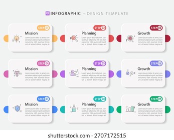 Modelo de design infográfico. Conceito de linha do tempo com 9 opções ou etapas modelo. layout, diagrama, anual, relatório, apresentação. Ilustração vetorial.