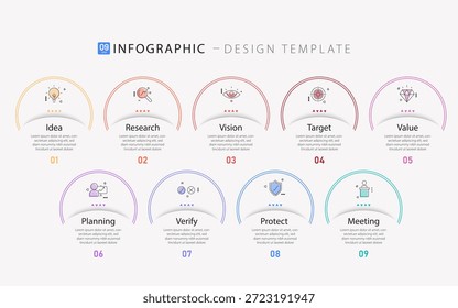 Plantilla de diseño infográfico. Concepto de línea de tiempo con 9 opciones o pasos de Plantilla. diseño, diagrama, anual, informe, presentación. Ilustración vectorial.