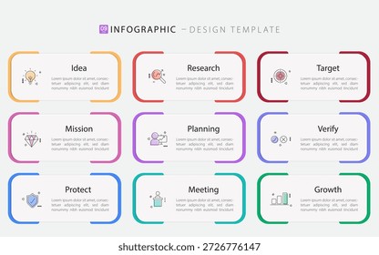 Infographic design template. Timeline concept with 9 options or steps template. layout, diagram, annual, report, presentation. Vector illustration.