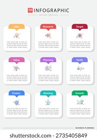 Infographic design template. Timeline concept with 9 options or steps template. layout, diagram, annual, report, presentation. Vector illustration.