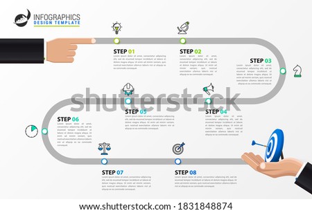 Infographic design template. Timeline concept with 8 steps. Can be used for workflow layout, diagram, banner, webdesign. Vector illustration