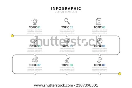 Infographic design template. Timeline concept with 9 options or steps template. layout, diagram, annual, report, presentation. Vector illustration.