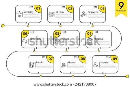 Infographic design template. Timeline concept with 9 options or steps template. layout, diagram, annual, report, presentation. Vector illustration.
