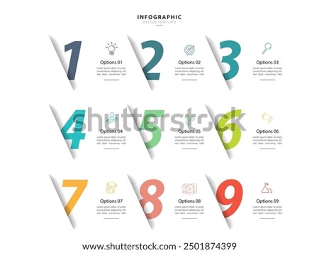 Infographic design template. Timeline concept with 9 options or steps template. layout, diagram, annual, report, presentation. Vector illustration.