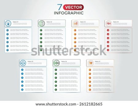 Infographic design template. Timeline concept with 7 steps with icons. Can be used for workflow layout, Presentation, diagram, banner, Vector illustration with 7 columns options
