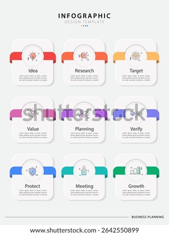 Infographic design template. Timeline concept with 9 options or steps template. layout, diagram, annual, report, presentation. Vector illustration.