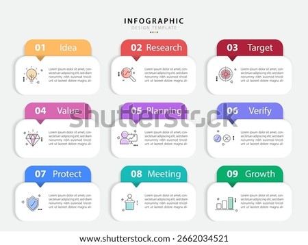 Infographic design template. Timeline concept with 9 options or steps template. layout, diagram, annual, report, presentation. Vector illustration.