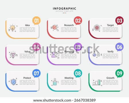 Infographic design template. Timeline concept with 9 options or steps template. layout, diagram, annual, report, presentation. Vector illustration.