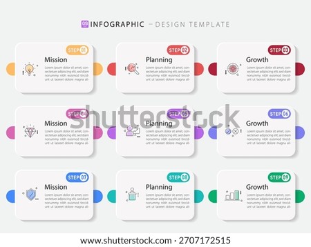 Infographic design template. Timeline concept with 9 options or steps template. layout, diagram, annual, report, presentation. Vector illustration.