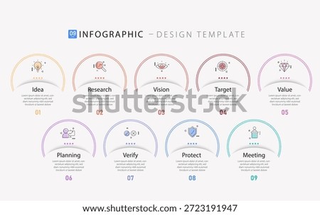 Infographic design template. Timeline concept with 9 options or steps template. layout, diagram, annual, report, presentation. Vector illustration.