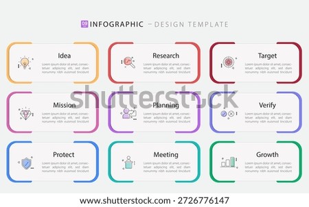 Infographic design template. Timeline concept with 9 options or steps template. layout, diagram, annual, report, presentation. Vector illustration.