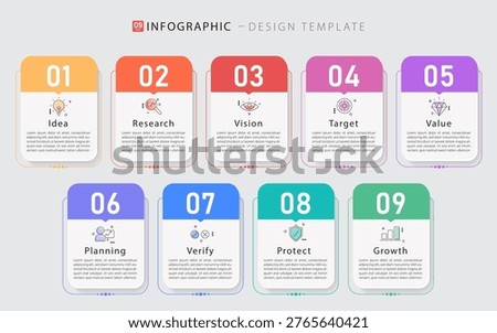 Infographic design template. Timeline concept with 9 options or steps template. layout, diagram, annual, report, presentation. Vector illustration.