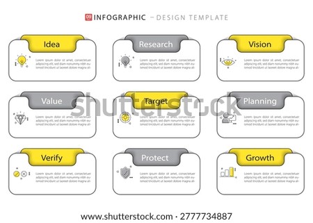 Infographic design template. Timeline concept with 9 options or steps template. layout, diagram, annual, report, presentation. Vector illustration.