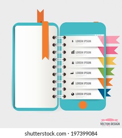 Infographic design template. Touchscreen device with colorful infographics paper template, vector illustration.